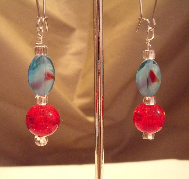 Short Dangle Earrings with Blue and Red Beads