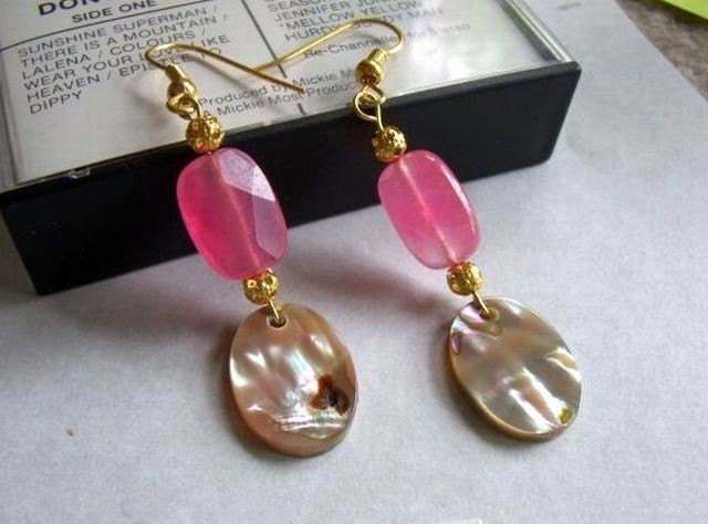 Pink Candy Jade and Abalone Dangle Earrings