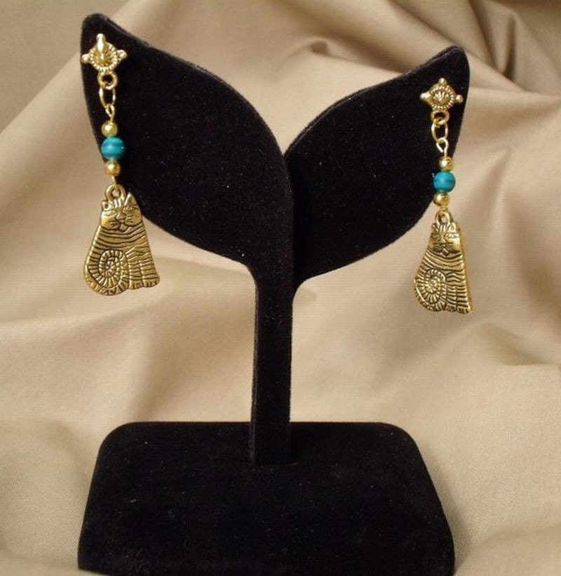 Earrings - Dangling Cats - Antiqued Gold Studs