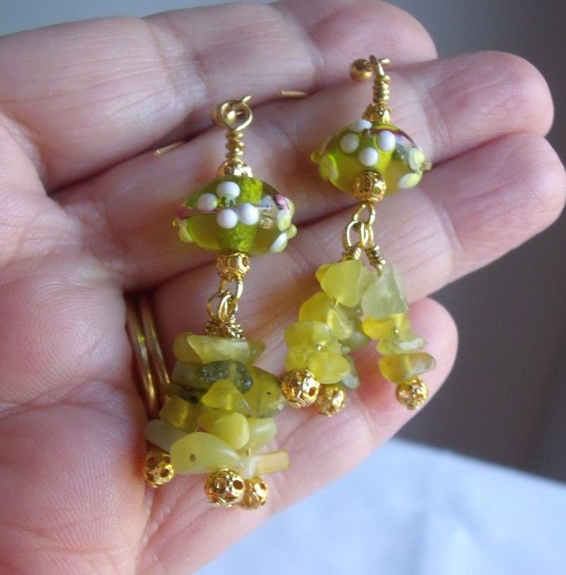 Princess Lei Chandelier Earrings Handmade With  Green Jade Chips