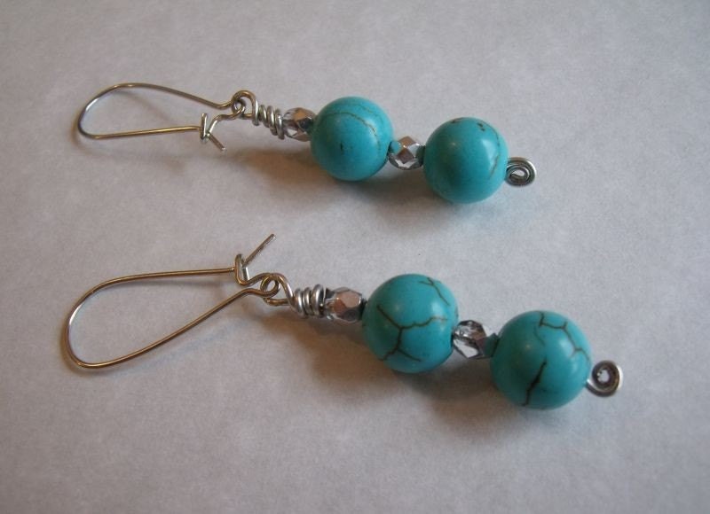 Earrings - Turquoise Beads on Silver - Cute Dangles