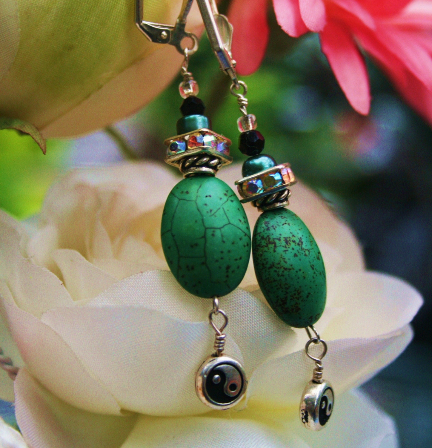 Mother Earth - Ying and Yang Moss Green Turquoise and Pearl Earrings  SOLD