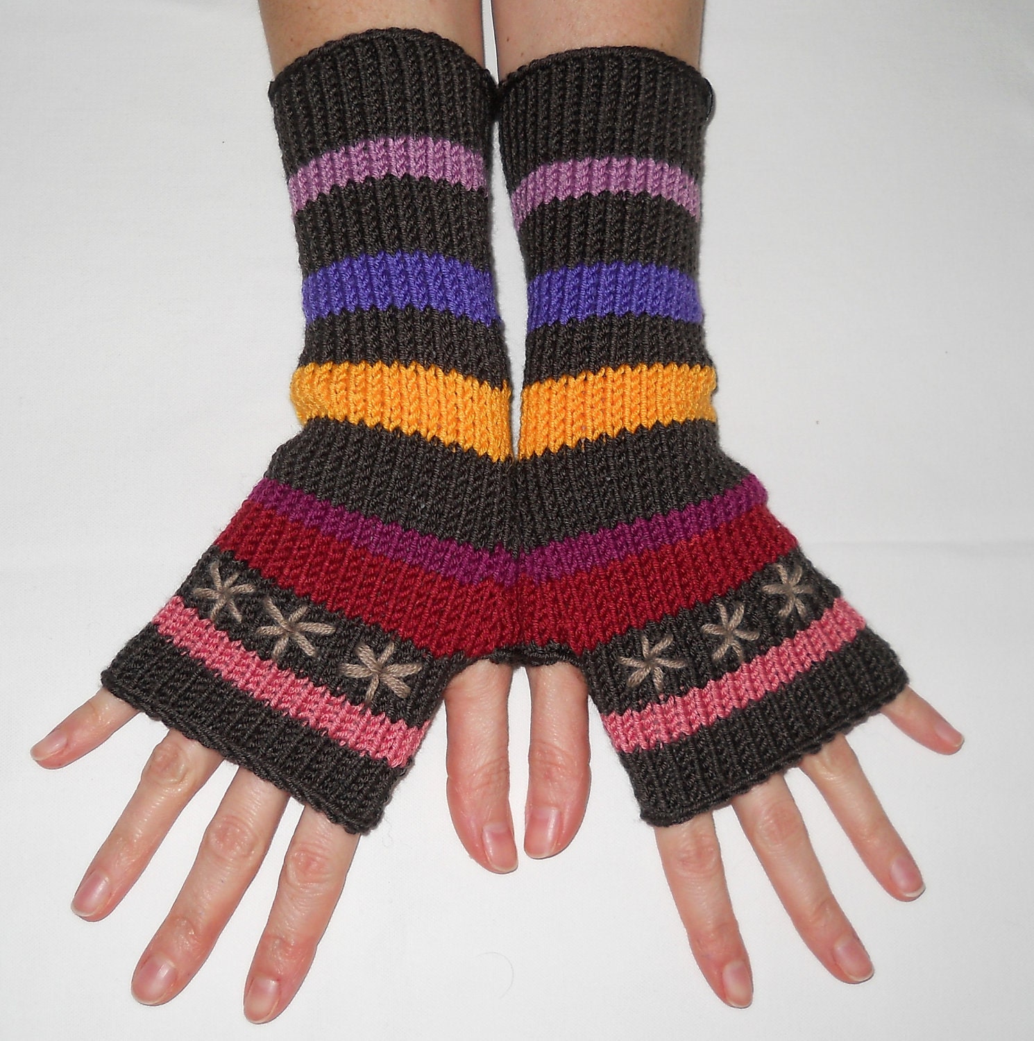 Fall / Winter MERINO blend hand knitted fingerless gloves with snowflakes in CHOCOLATE ...