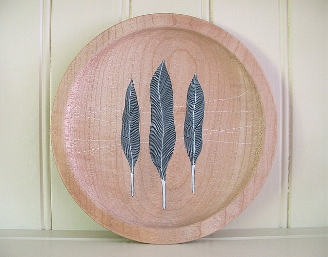 sycamore wood plate // handpainted design // three feathers by natasha newton