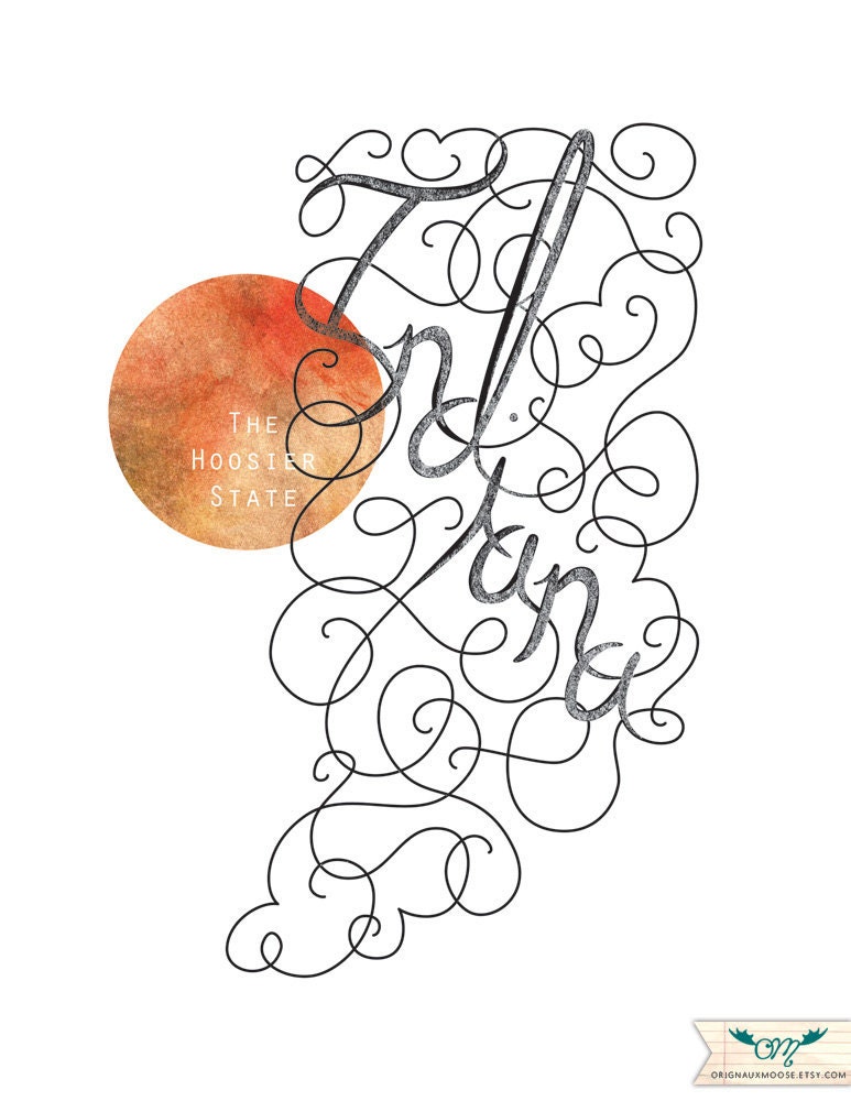 Calligraphic State. Indiana. 8 1/2 x 11 Print