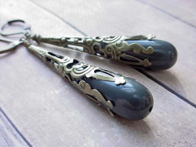 Victorian Teardrop Earrings in Dark Grey and Ornate Filigree Antiqued Brass Dangles