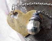 Industrial Heart Necklace - Modern, Mixed Metals, Pyrite, Aged Patina - Gift Box - Valentines Love Gift for Her