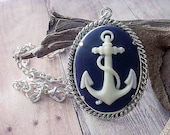 Nautical Anchor Cameo Pendant Silver Navy Blue White Necklace Cruise Beach Ocean Sea Gift for Her Gift Box