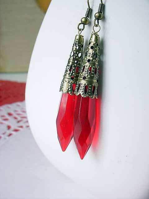 Red Chandelier Drop Earrings Ruby Dangles Antiqued Brass Filigree Bad Cap - Free shipping - Under 15 - Stocking Stuffer