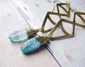 Geometric Earrings Gold Brass Wire Wrapped Blue Kyanite with raw brass Triangle Connectors