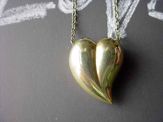 Gold Heart Pendant Two sided Vintage Brass Necklace Valentine's Gift for Her Love Gift Box