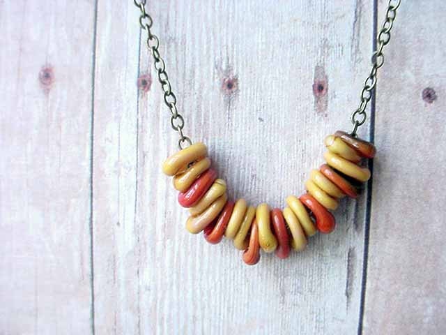 Lampwork Glass Necklace Tiny Mustard Yellow Rust Orange Rings Gift 
for Her Gift Box