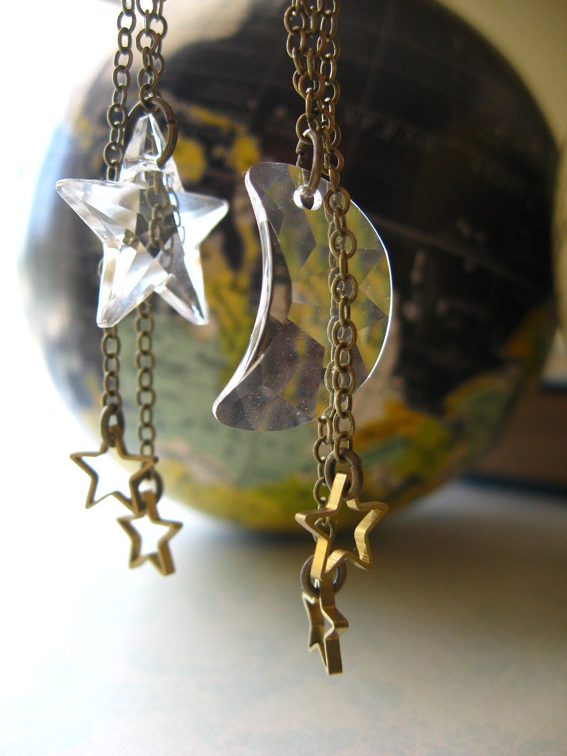 Moon and Stars Earrings Celestial Swarovski Crystal Gold Stars Brass Dangles Chain Gift Box