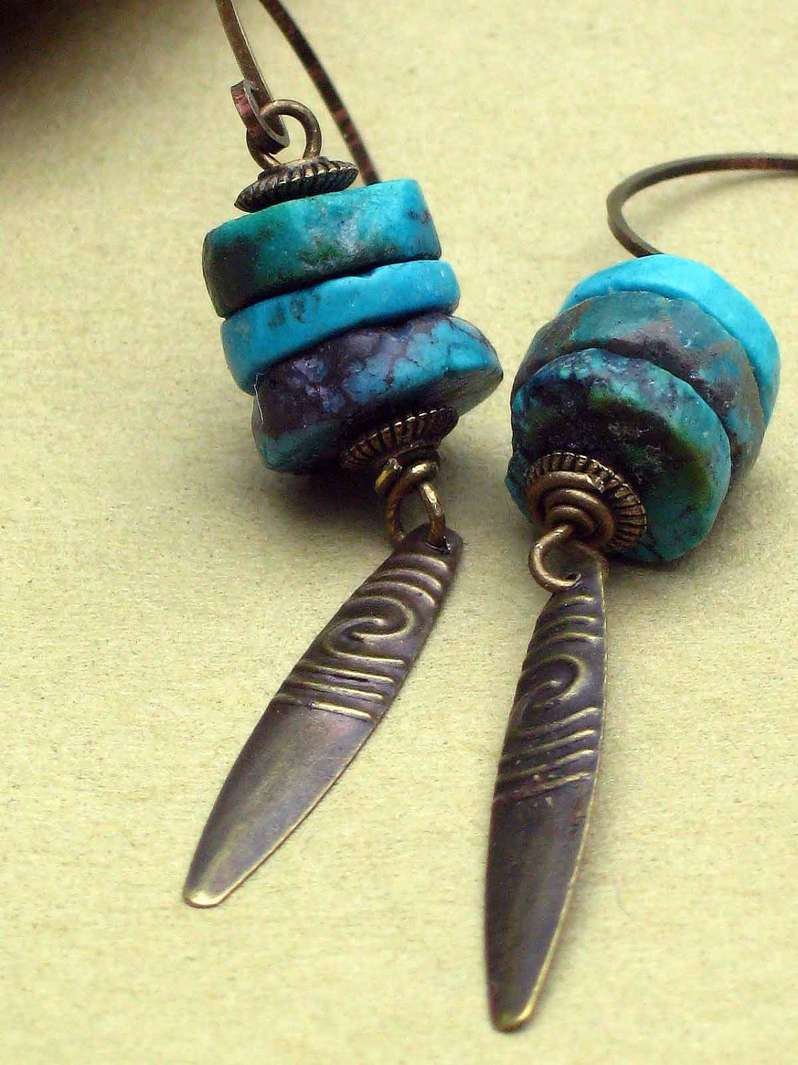 Turquoise Tribal Earrings Rustic Coins with Hammered Brass Spike Dangles