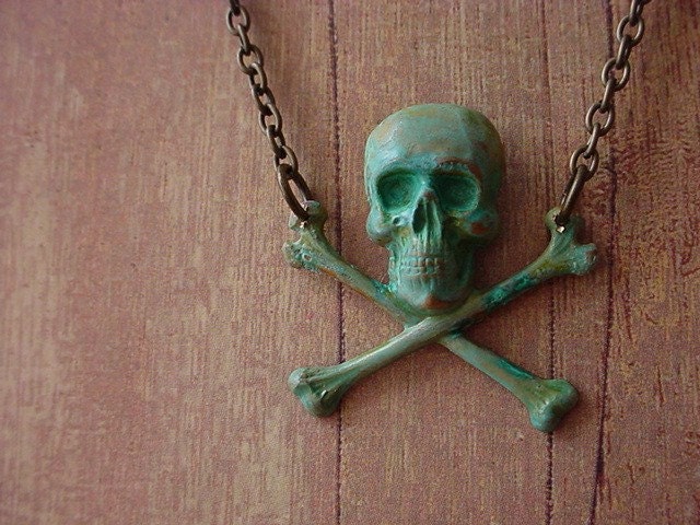 Skull and Crossbones Necklace - Moldy Bones - Halloween - Verdigris Green Patina Finish