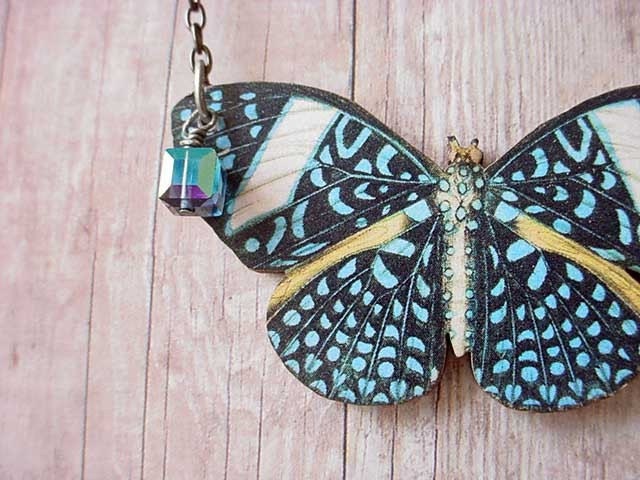 Moth Necklace in Blue and Black Butterfly with Swarovski Crystal Cubes LARGE size Moth