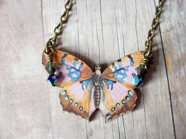 Butterfly Necklace in Peach, Apricot, Cornflower Blue Moth Pendant Gift Box