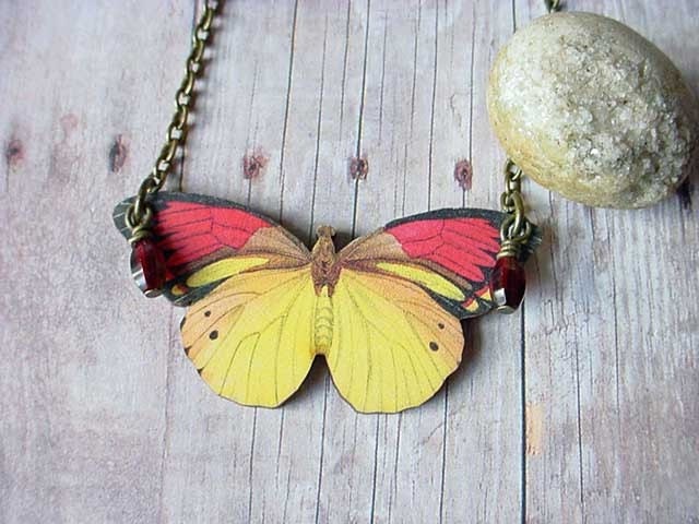 Butterfly Pendant in Red and Yellow necklace moth insect collector gift for her under 25 gift box