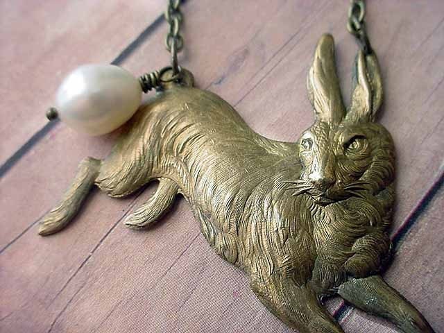 Rabbit Necklace - Bunny Pendant with Pearl - Easter - Spring - Woodland - Nursery Rhyme - Fairy Tale - Gold Antiqued Brass - Gift Box