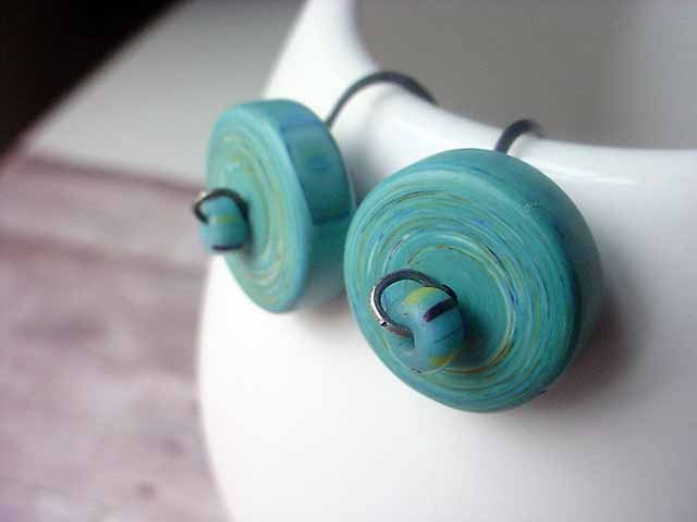 Turquoise Teal Blue Green Earrings Swirl Hurricane Eye of the Storm Dangles