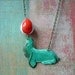 Sea Lion Pendant Circus Act Necklace  - Turquoise Patina Brass with Vintage Lucite Orange White Balancing Ball