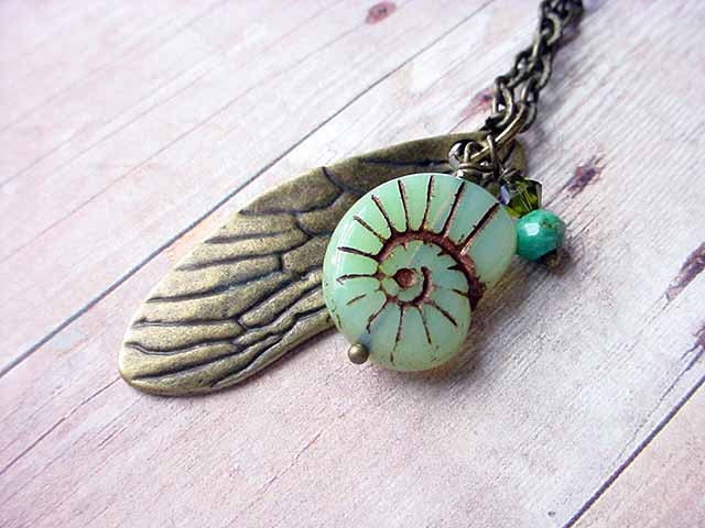 Insect Wing Entomology Pendant with Czech Glass Pale Mint Green Opal Snail Shell Gift for Her