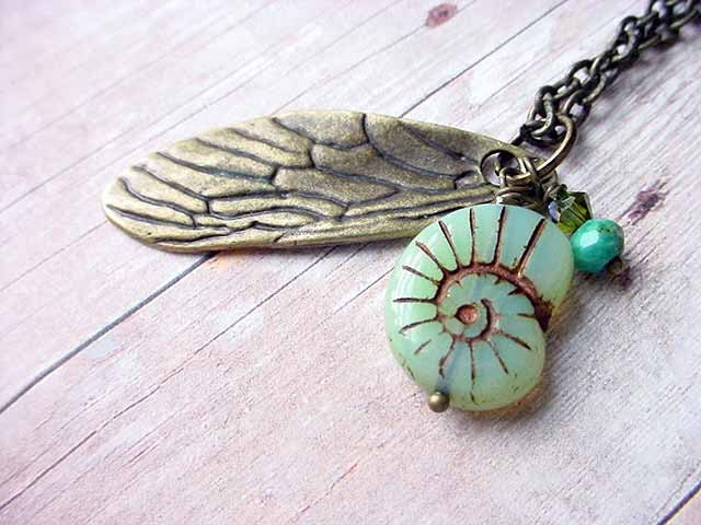 Insect Wing Entomology Pendant with Czech Glass Pale Mint Green Opal Snail Shell Gift for Her