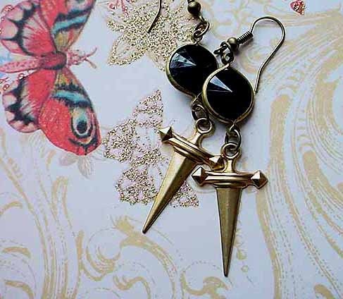 Gold Dagger Earrings Jet Black Rivolis Gothic Noir Dangles Gift for Her Under 25 Gift Box