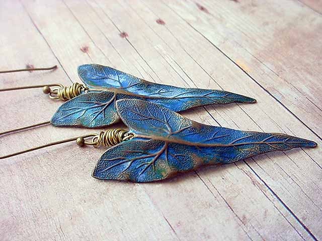 Tropical Earrings Ocean Blue Gold Brass Caladium Leaves Hand Patina Wire Wrapped Dangles Resort Cruise