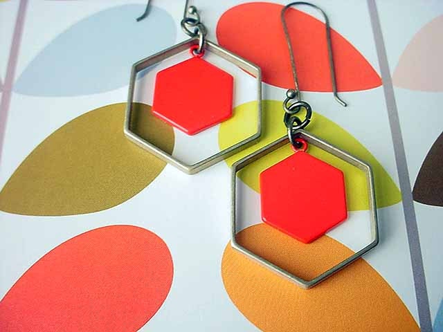 Geometric Earrings Tangerine Orange Hexagon Brass Modern Dangles Gift Box