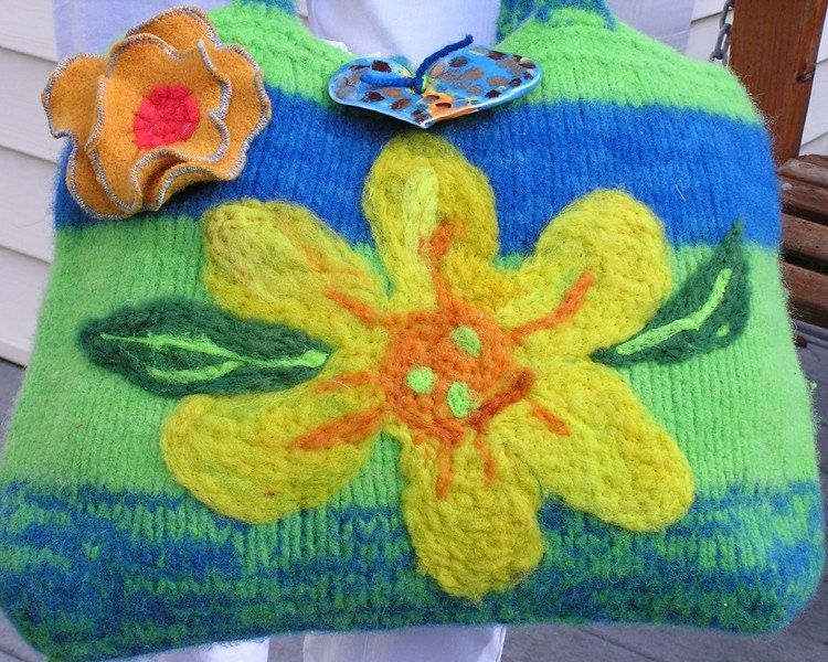 SALE Gorgeous Flower Felted Bag A nice large felted purse with yellow flower Lima Beans and Blueberries