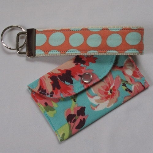 Mini Wallet and Key Fob Set in NEW Amy Butler Teal Bliss Bouquet and Tangerine Sun Spots  (see shop annc. for free shipping offer)