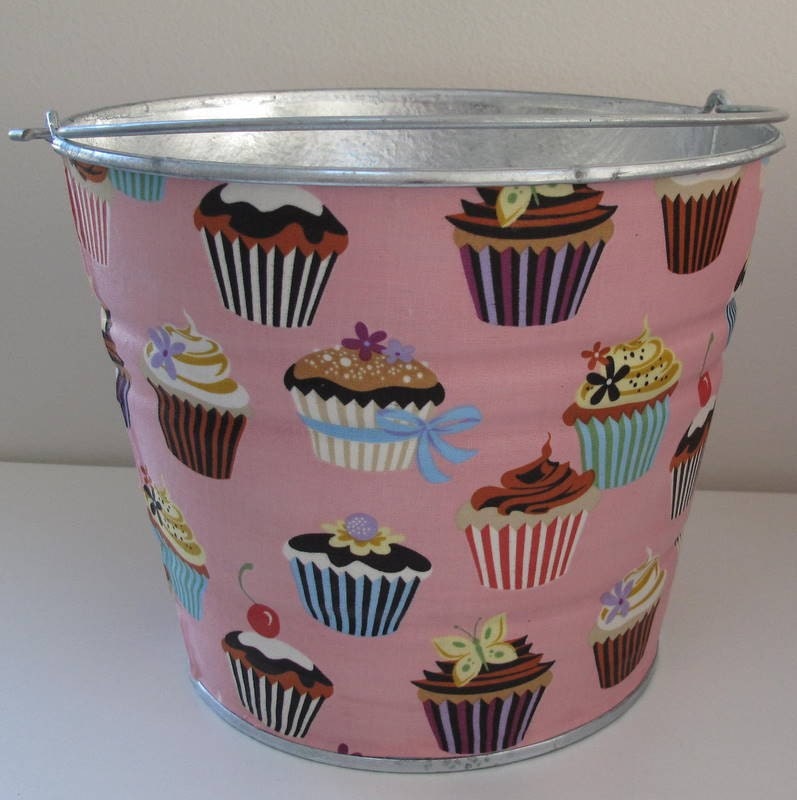 Extra Large Storage or Gift Pail in Robert Kaufman pink cupcakes Petal Sweet Tooth