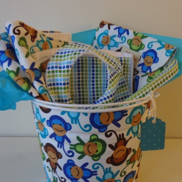 Baby boy Gift Set in Ann Kelle Monkeys in Royal - blanket, bib, burp cloths, diaper wristlet and storage-gift pail