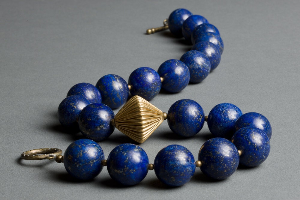 Lapis Lazuli Necklace with Vintage Brass, Antiqued Brass - Deep Space