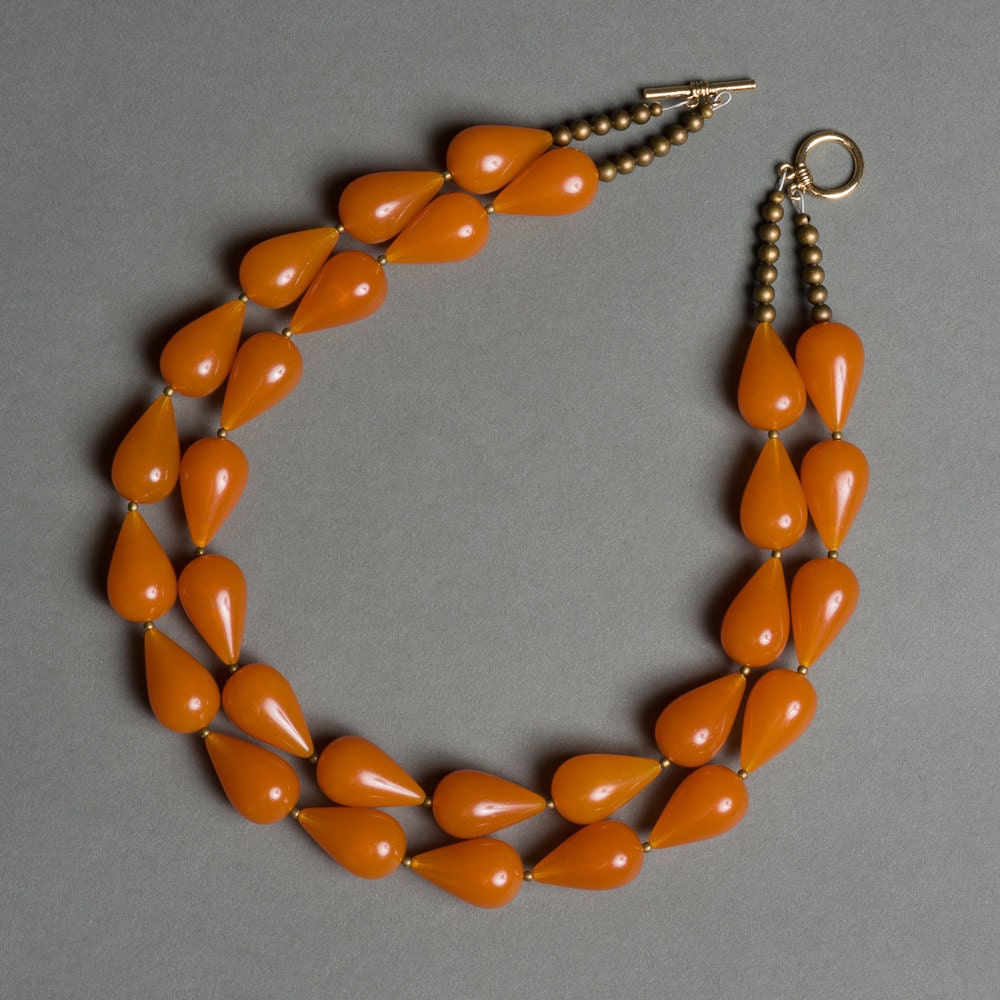 Amber Orange Necklace with Vintage Lucite and Brass under 100 - Koi
