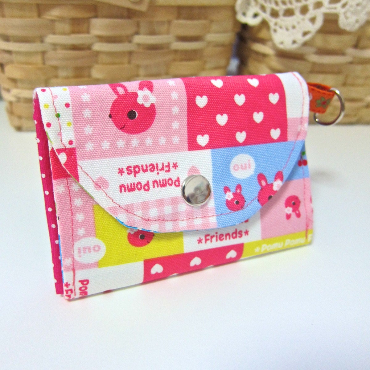 SALE Accordion short wallet / card case / keys FOB - Cute pink bunnies