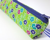 Slim pencil case or brush holder -  Small flowers on lime