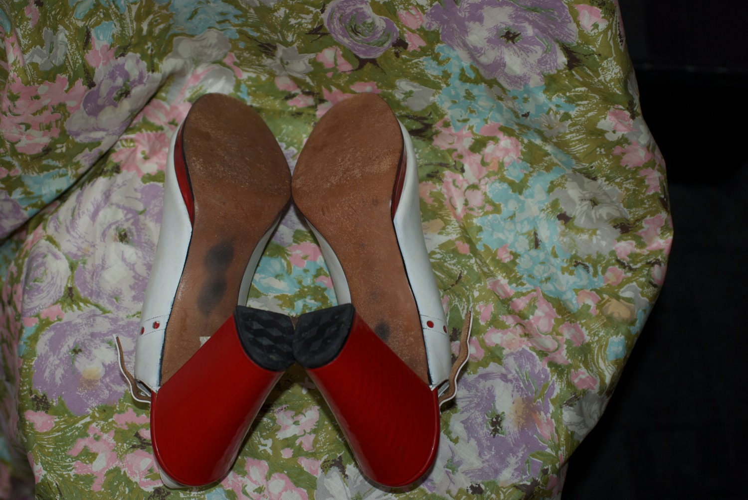 Red patent, and white leather platform peep toe slingbacks. 9 1/2 S (NARROW) Saks Fifth Ave.