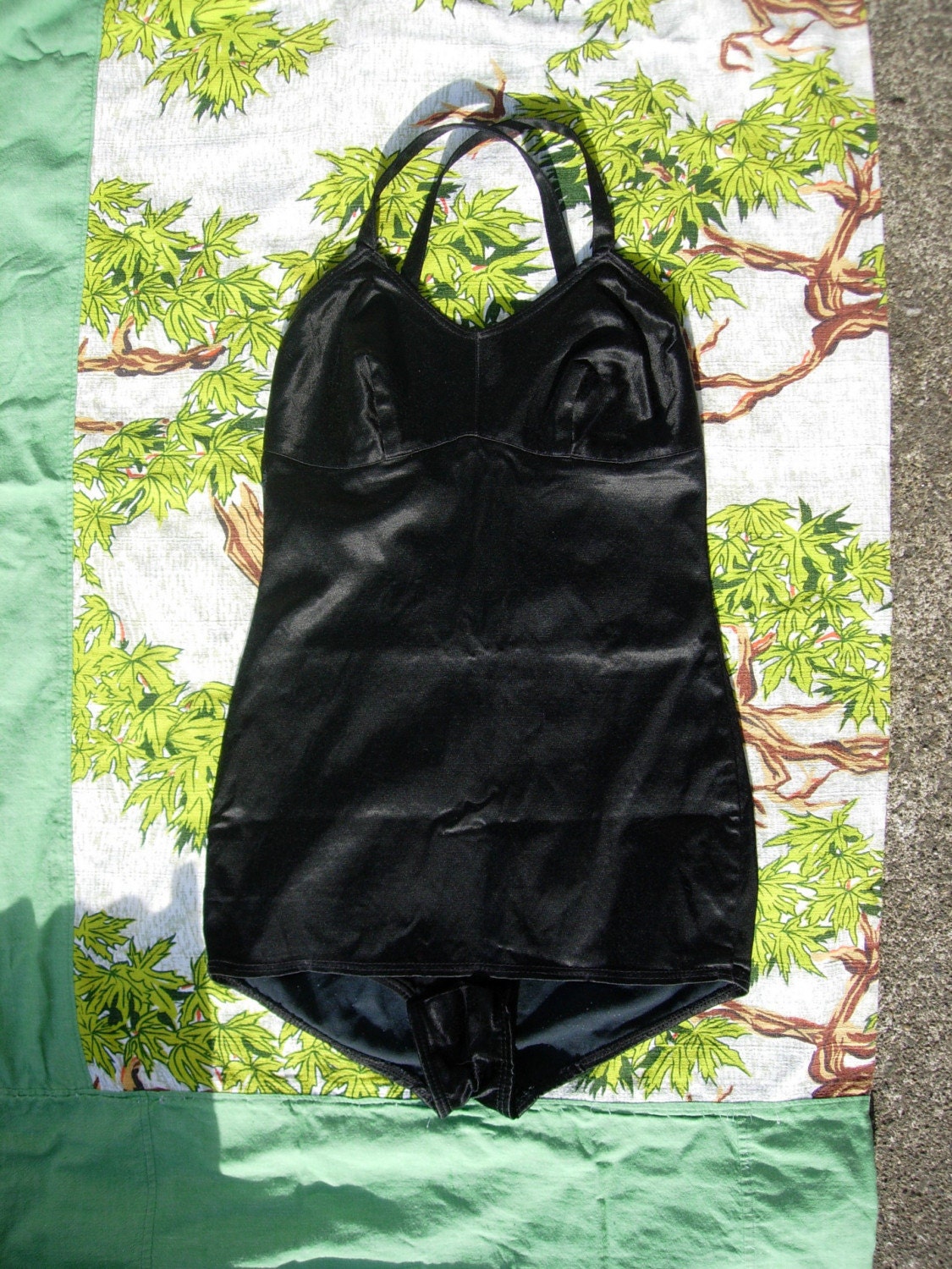 40's black satin swim suit, XS, S.