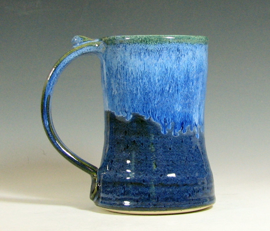 Coffee mug, beer tankard stein cup ceramic, glazed in sapphire blue, handmade stoneware by hughes pottery