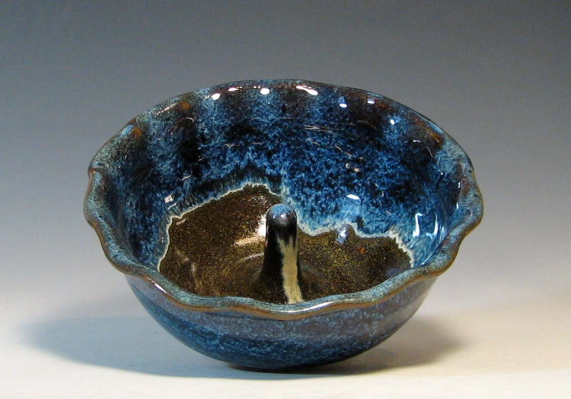 Apple baker stoneware kitchen ceramic, glazed in caramel brown blue and cream, handmade by hughes pottery