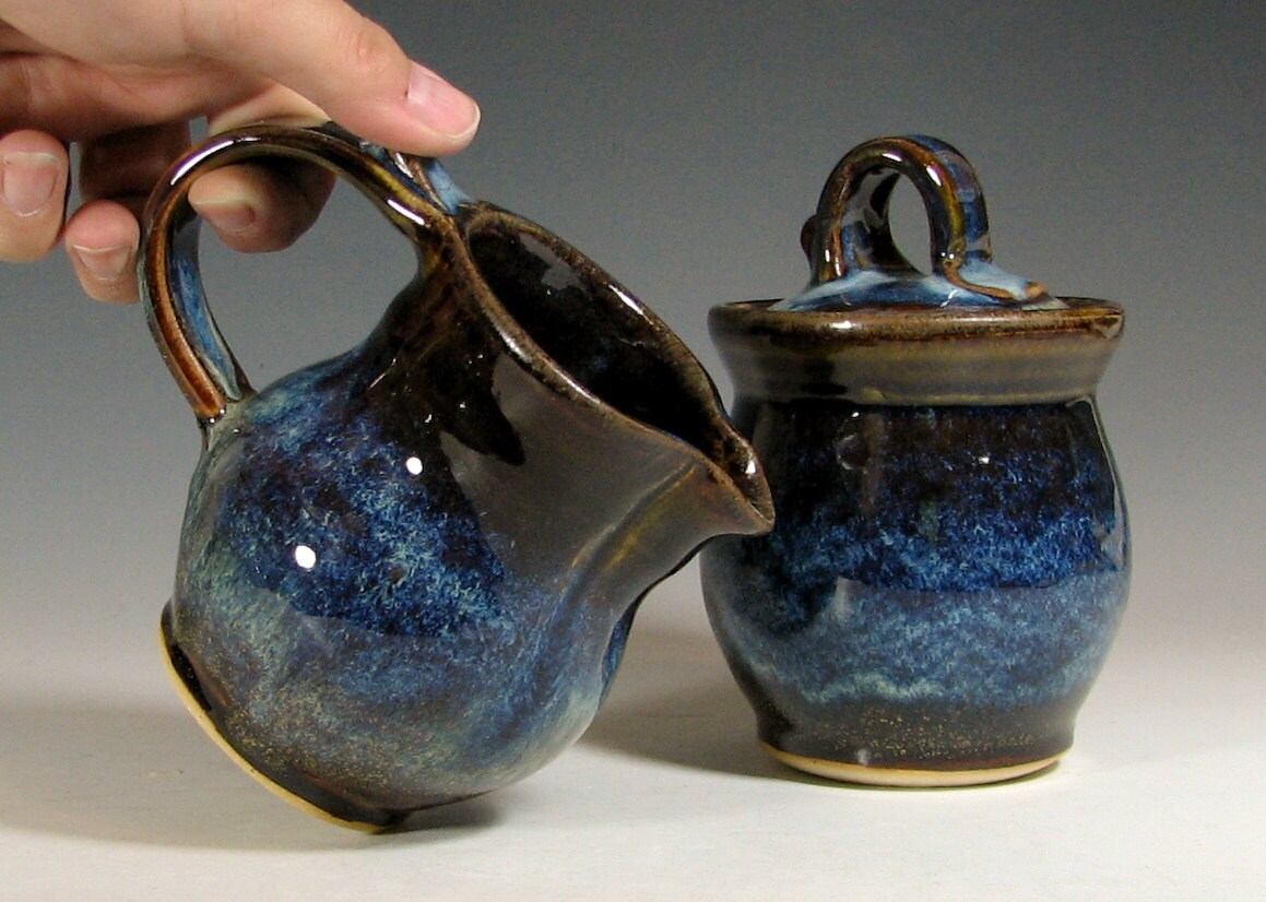 Cream and sugar set, ceramic creamer, sugar bowl jar lidded, glazed in brown blue and cream, handmade stoneware by hughes pottery