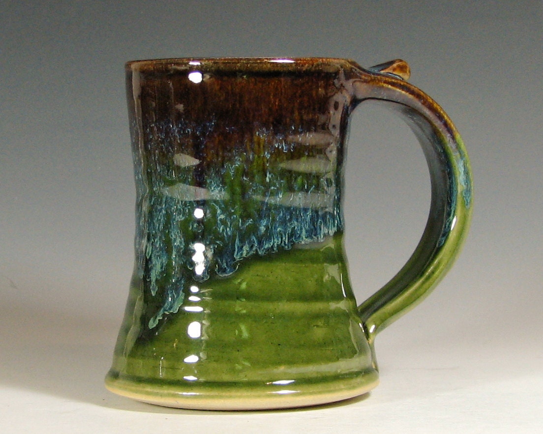 Coffee mug ceramic, beer tankard stein cup, glazed in green brown, handmade stoneware by hughes pottery