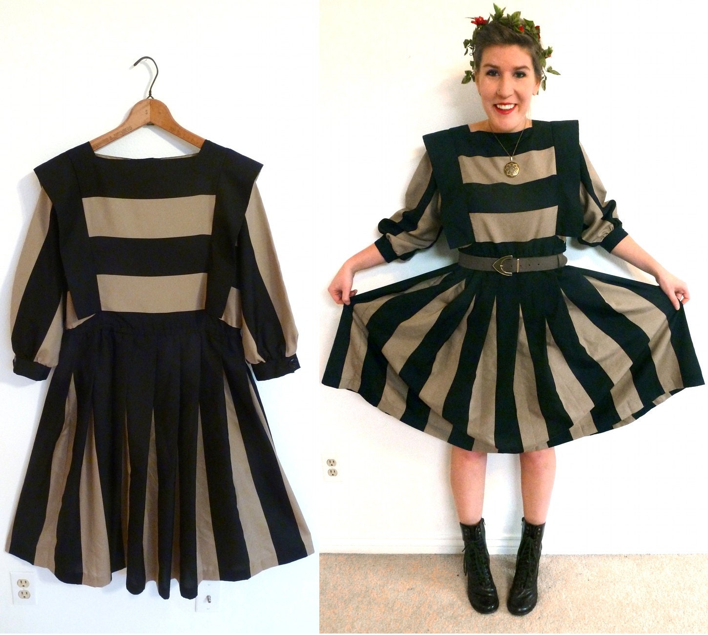 Full Pleat Dress- 70s Striped Dress- Size Large