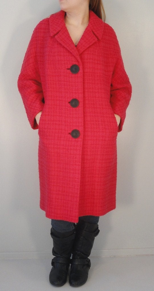 Bright Two Tone Pink Plaid Nubby Vintage Wool Coat 1950s 1960s Size Large/Extra Large - VintageRepeats
