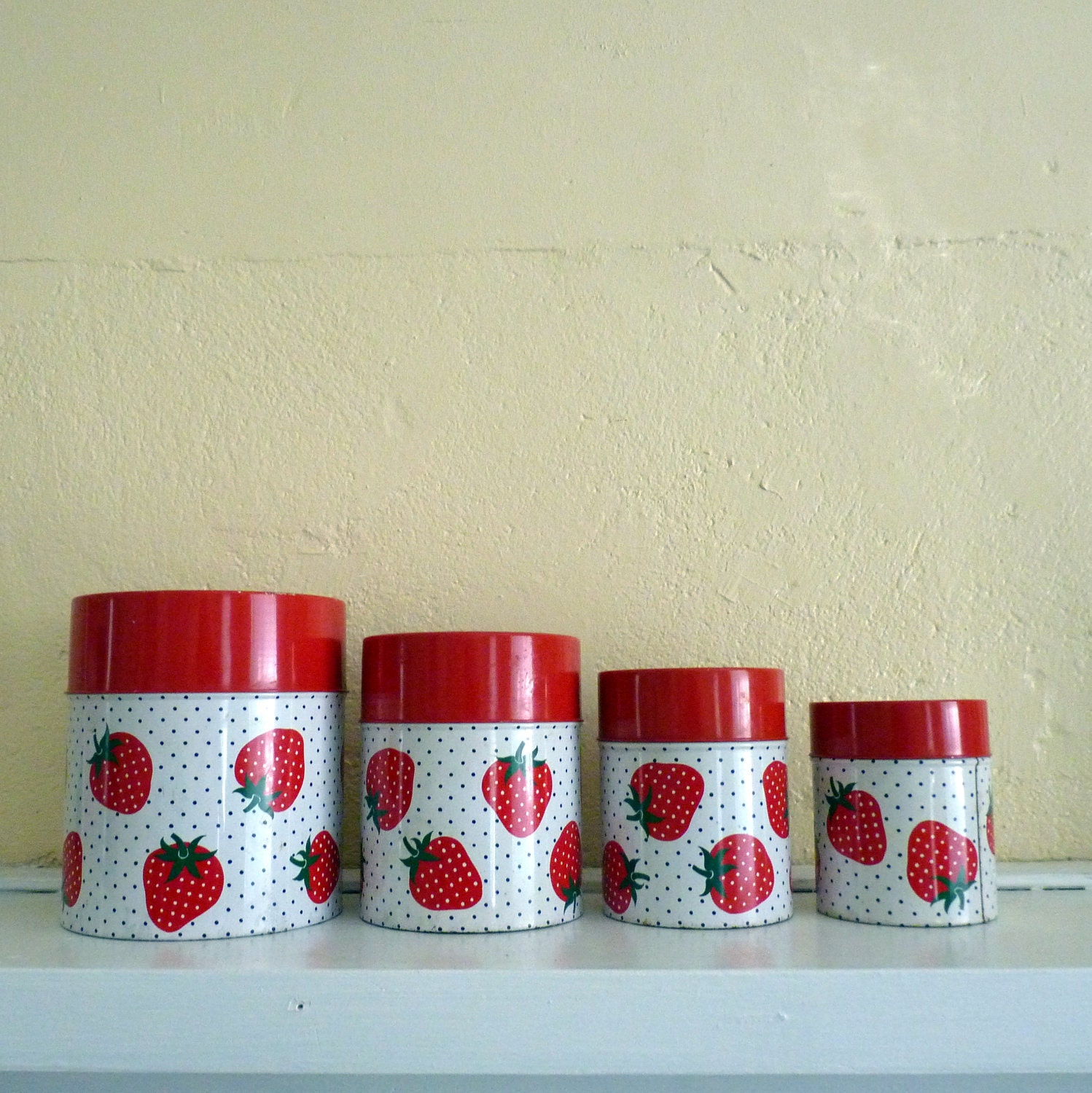 Vintage 1970s Strawberry Polka Dot Metal Canisters (Set of 4)
