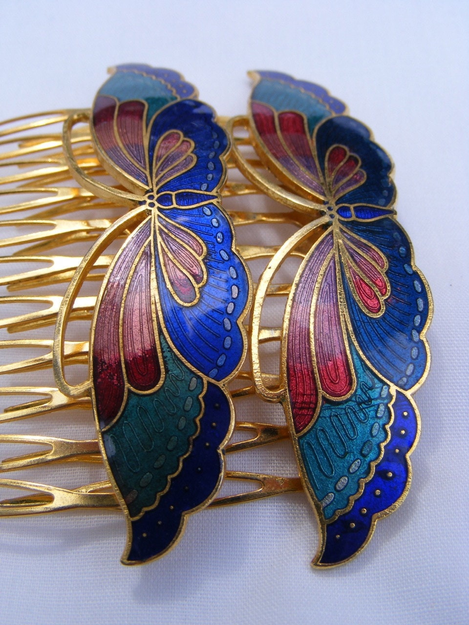 Vintage Cloisonne Enamel Butterfly Hair Combs, set of 2
