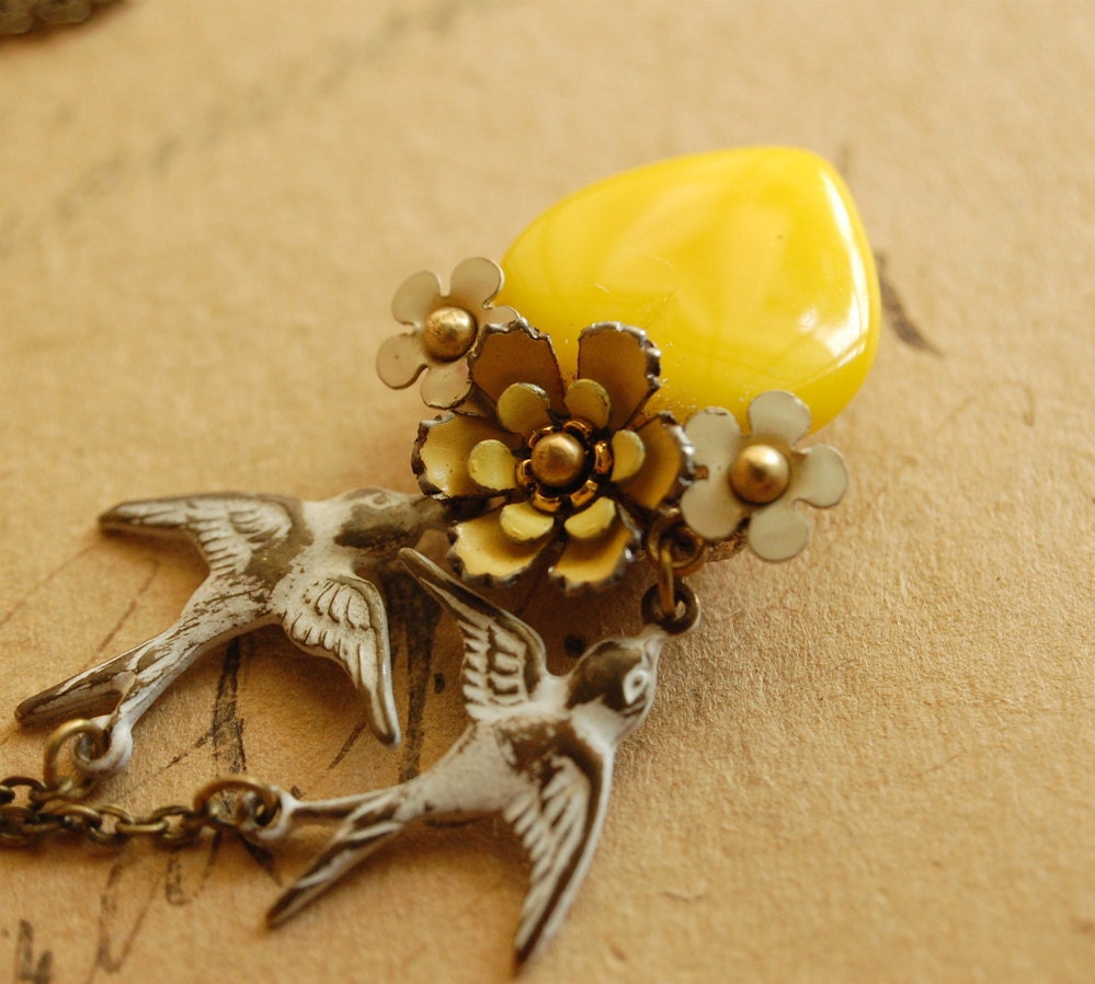 a delicate tattoo - vintage enamel flower and yellow glass heart necklace on brass chain