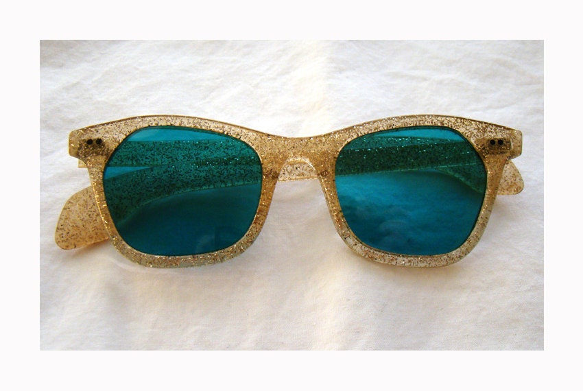 Gold Glitter 1950's Sunglasses with Blue Lenses